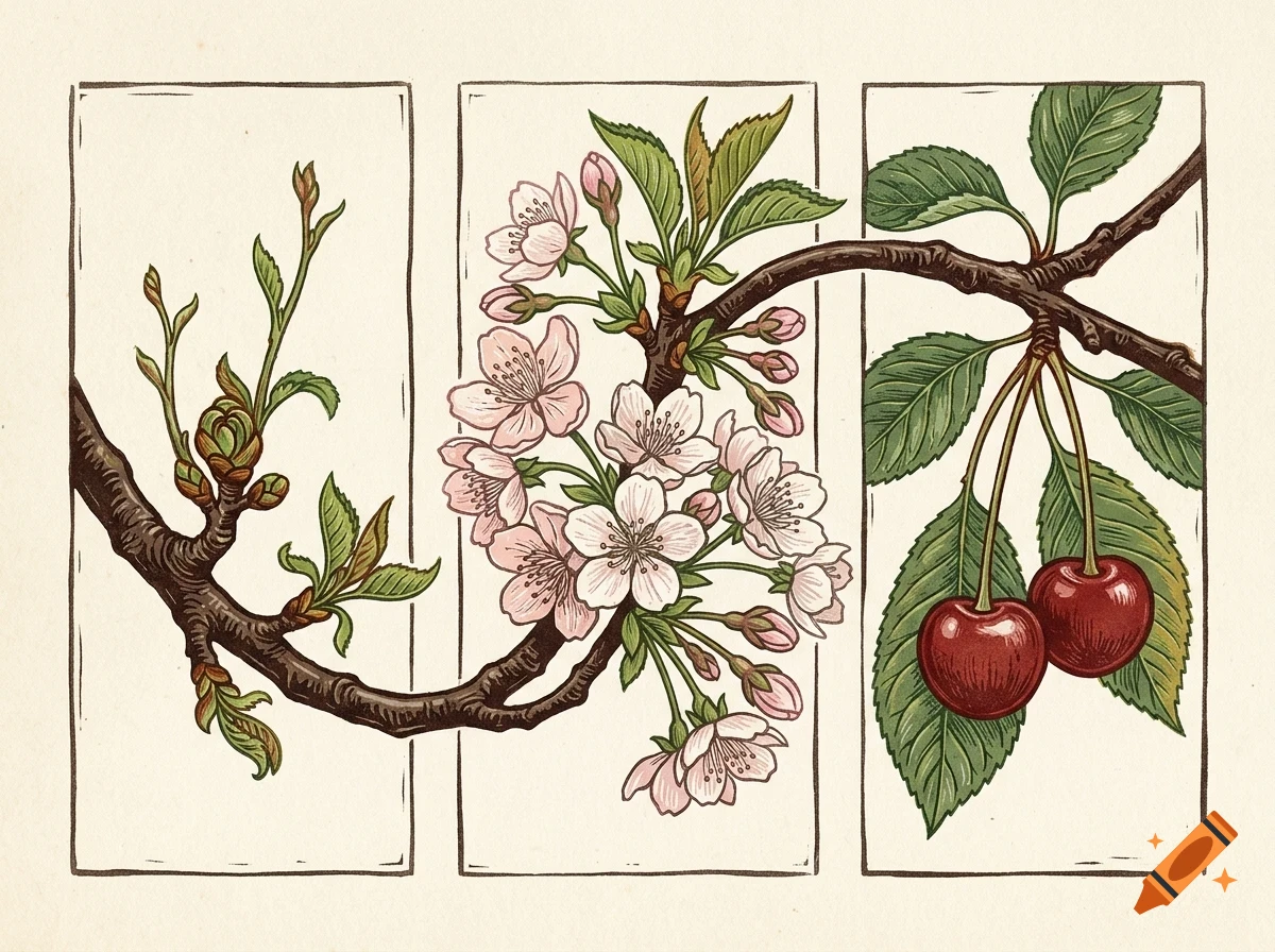 An ink and pencil illustration showing the lifecycle of a cherry branch across three panels, featuring buds, pink blossoms, and ripe red cherries with green leaves.