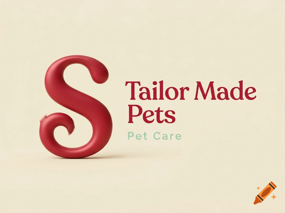 A 3D red letter S with a fuzzy tail tip next to the red text 'Tailor Made Pets' and green text 'Pet Care'.