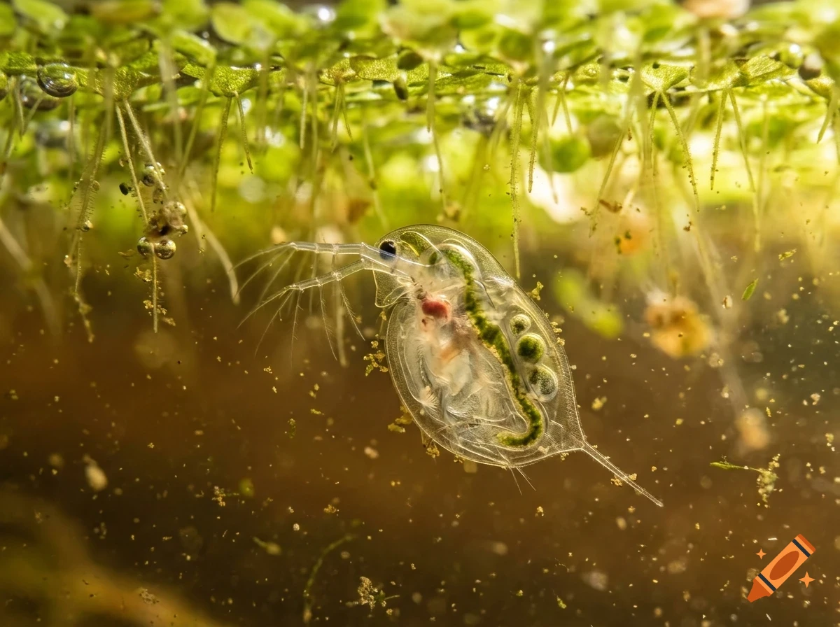 A tiny water flea (Daphnia) swimming underwater beneath duckweed roots.