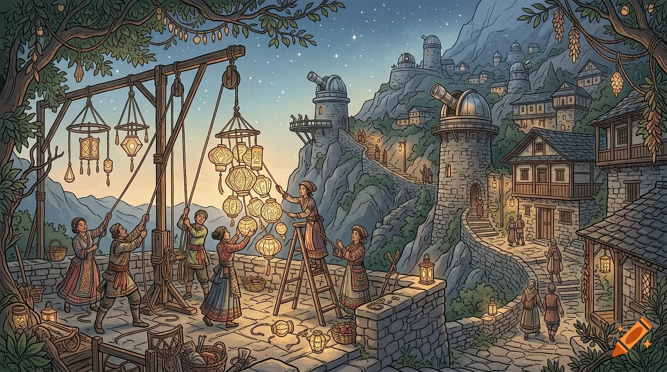 An illustrated scene of people working together in a mountain village at dusk, hanging glowing lanterns with pulleys and ropes.