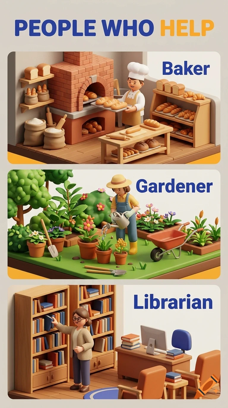 An educational poster titled People Who Help featuring 3d style illustrations of a baker in a bakery, a gardener with plants, and a librarian by bookshelves.