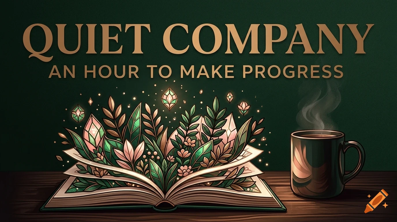 An open illustrated book with plants and glowing crystals emerging from the pages, next to a steaming mug on a wooden table, under the text 'QUIET COMPANY AN HOUR TO MAKE PROGRESS'.