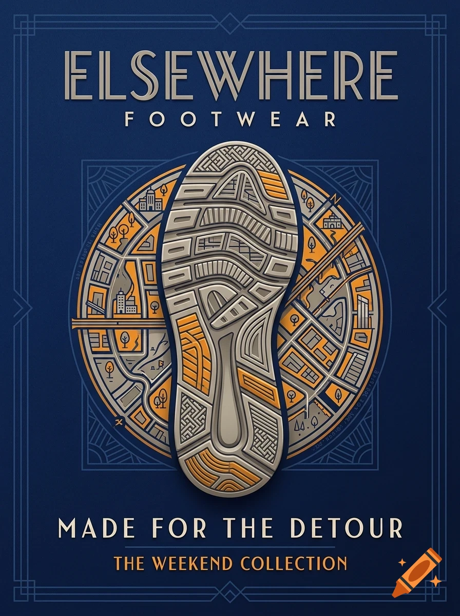 An advertisement featuring a shoe sole overlaying a circular map design, with the text 'ELSEWHERE FOOTWEAR' and 'MADE FOR THE DETOUR THE WEEKEND COLLECTION'.