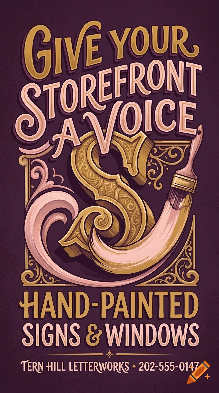 An illustrated poster featuring ornate lettering that reads "Give your storefront a voice, hand-painted signs & windows" with a paintbrush and decorative flourishes.