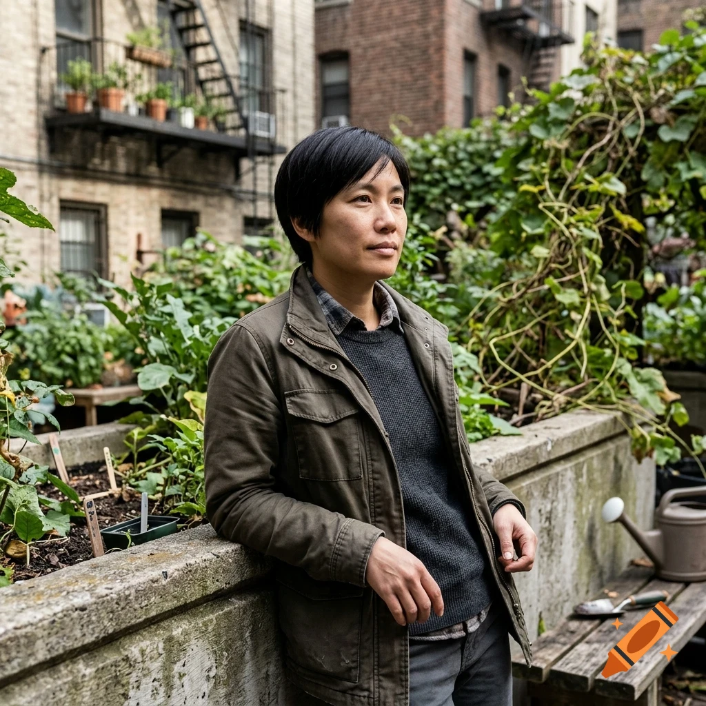 A person with short dark hair wearing a jacket leaning against a concrete planter in an urban garden.
