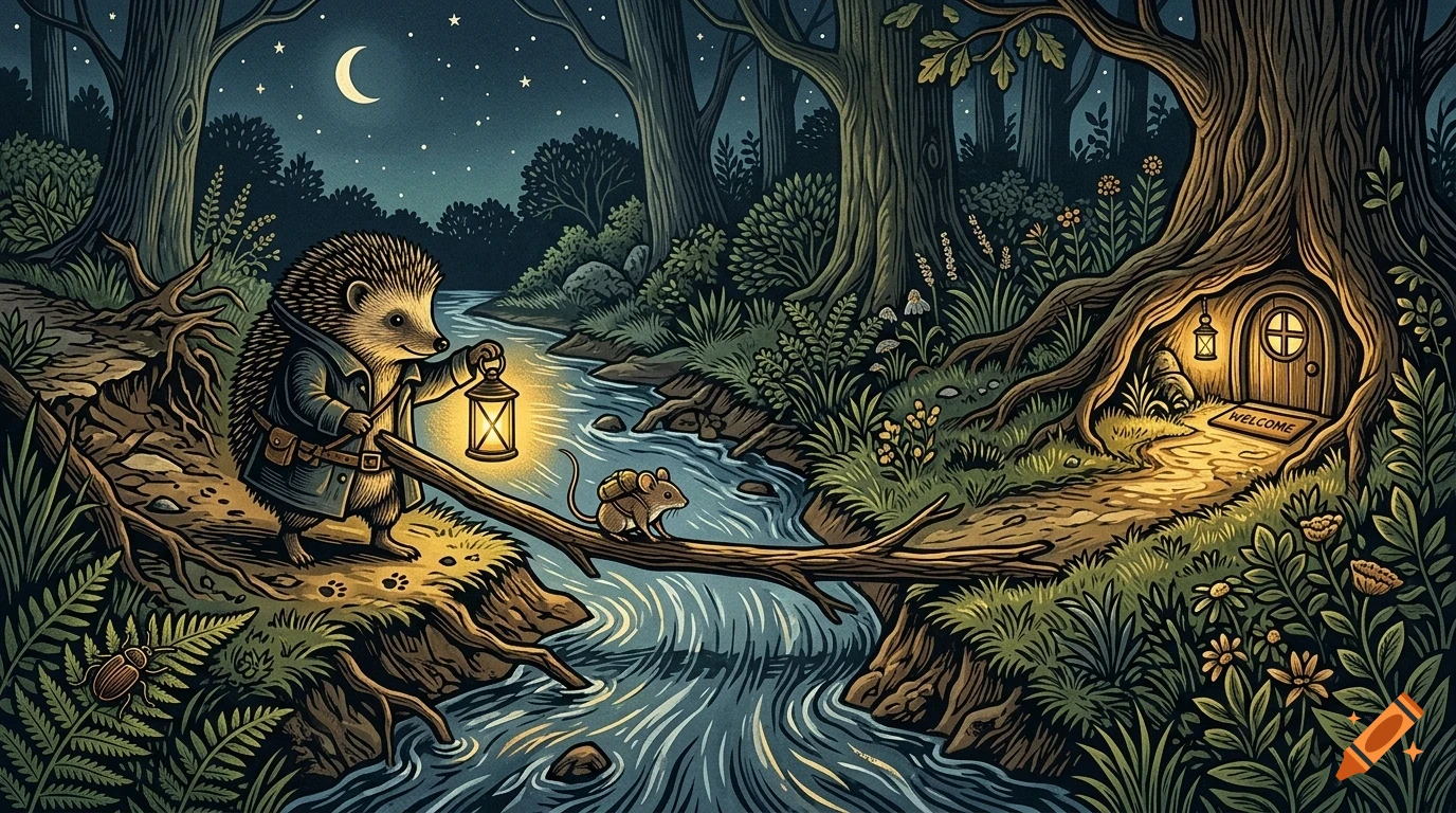 An illustrated night scene of a hedgehog holding a lantern and a mouse crossing a stream on a branch toward a glowing burrow in a large tree.
