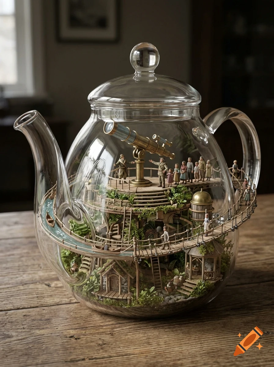 A detailed miniature world inside a large glass teapot, featuring tiny figures, wooden walkways, small houses, and a brass telescope on top.