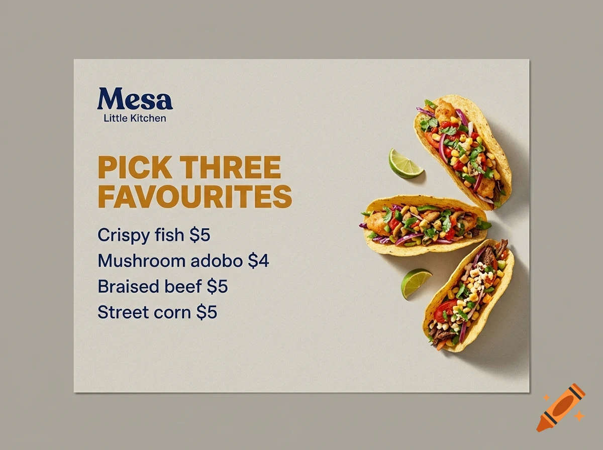 An advertisement for Mesa Little Kitchen featuring three tacos and lime slices on the right and menu text on the left.