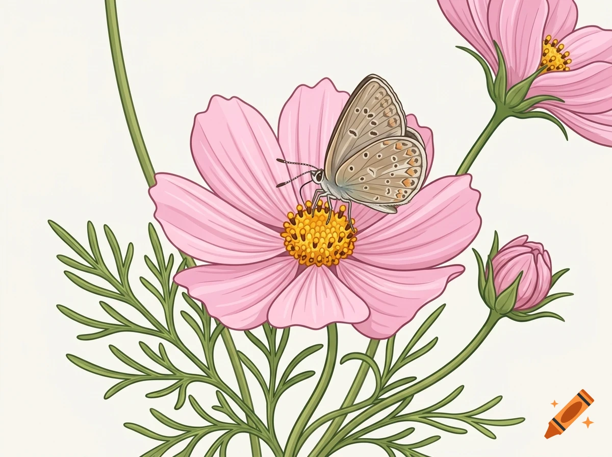A brown butterfly rests on a pink cosmos flower with a yellow center, surrounded by stems and leaves.
