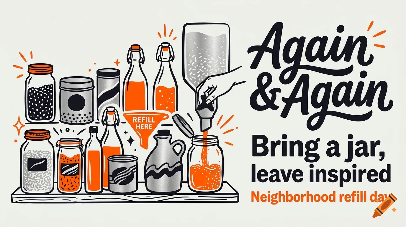 An illustrated poster depicting glass jars and bottles on shelves, with a hand pouring liquid into a jar, accompanied by the text 'Again & Again Bring a jar, leave inspired Neighborhood refill day'.