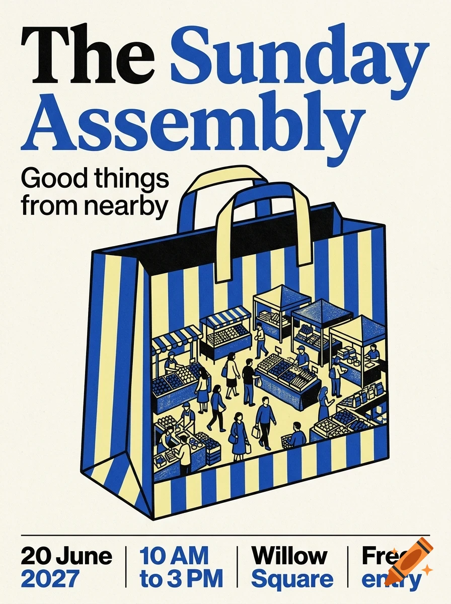 A poster with blue and black text reading 'The Sunday Assembly' and 'Good things from nearby', featuring an illustration of a striped shopping bag containing a bustling market scene with stalls and people.