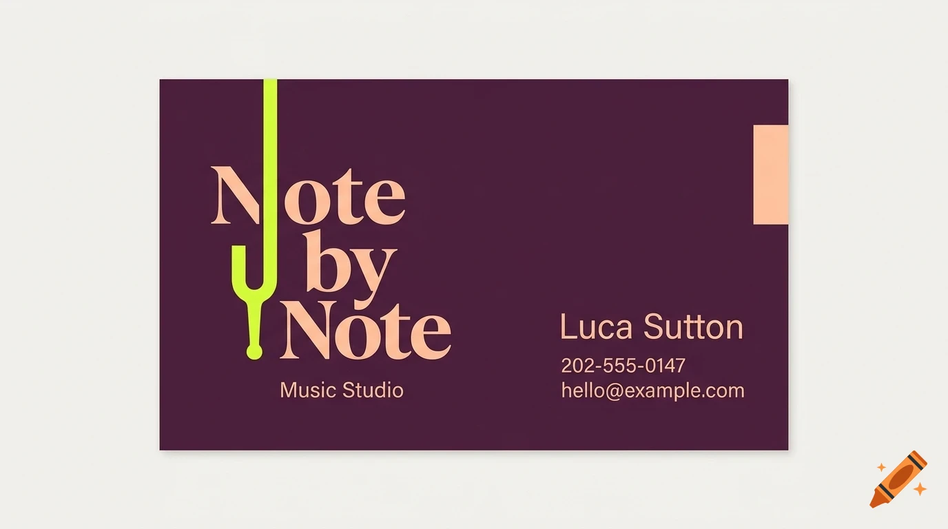 A dark purple business card featuring peach-colored text reading 'Note by Note Music Studio' with a bright green tuning fork graphic.