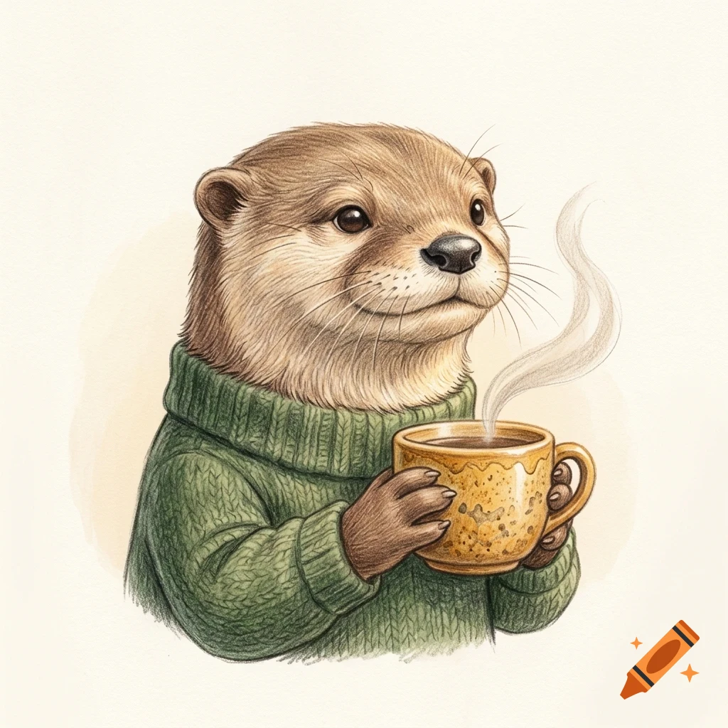An illustration of a cute otter wearing a green turtleneck sweater and holding a warm mug of coffee with rising steam.