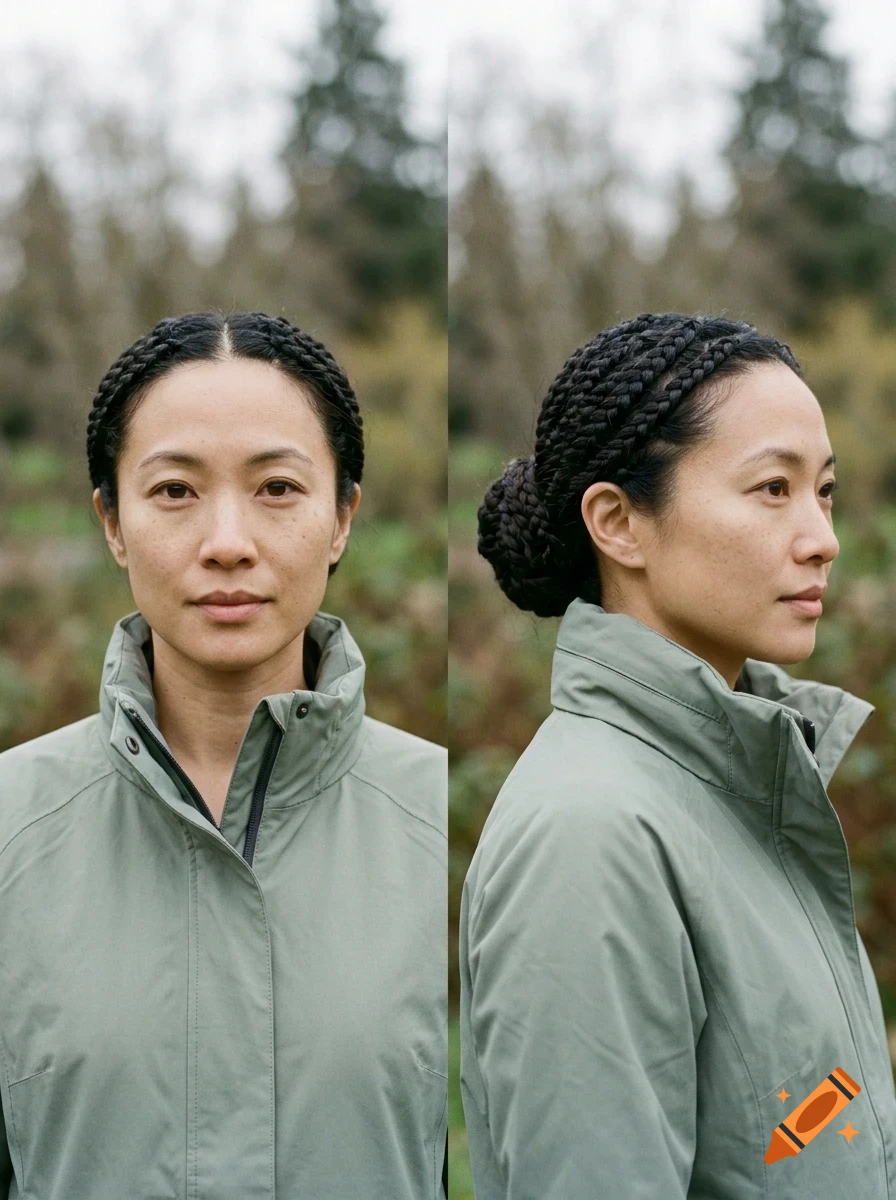 Front and side portraits of a woman with braided hair wearing a green jacket outdoors.