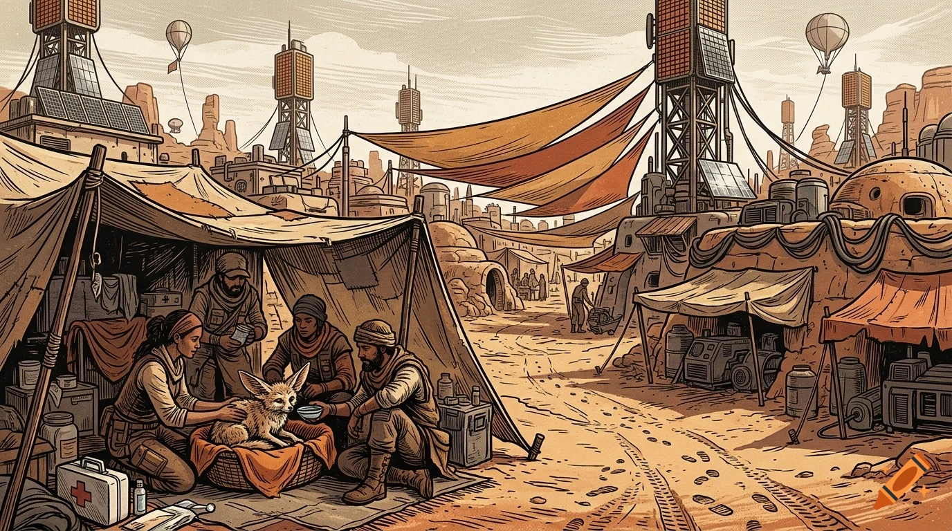 An illustrated scene shows people tending to an animal inside a desert camp with tents, futuristic towers, and dome structures.