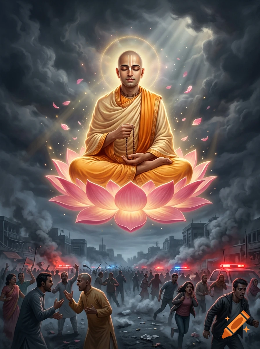 A calm devotee meditating on a glowing pink lotus flower floating above a chaotic city scene with protesting crowds, digital illustration.