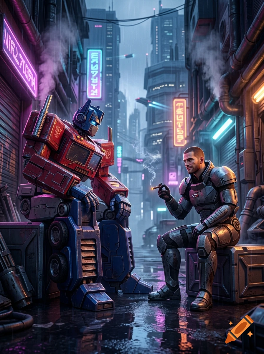 Optimus Prime and Commander Shepard sitting together on crates in a rainy cyberpunk alleyway, digital art style.