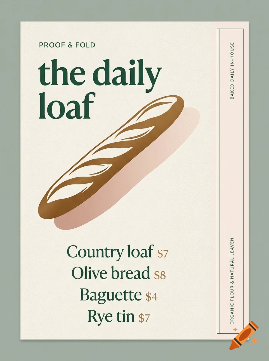 A poster for 'the daily loaf' bakery featuring an illustration of a baguette and a price list.