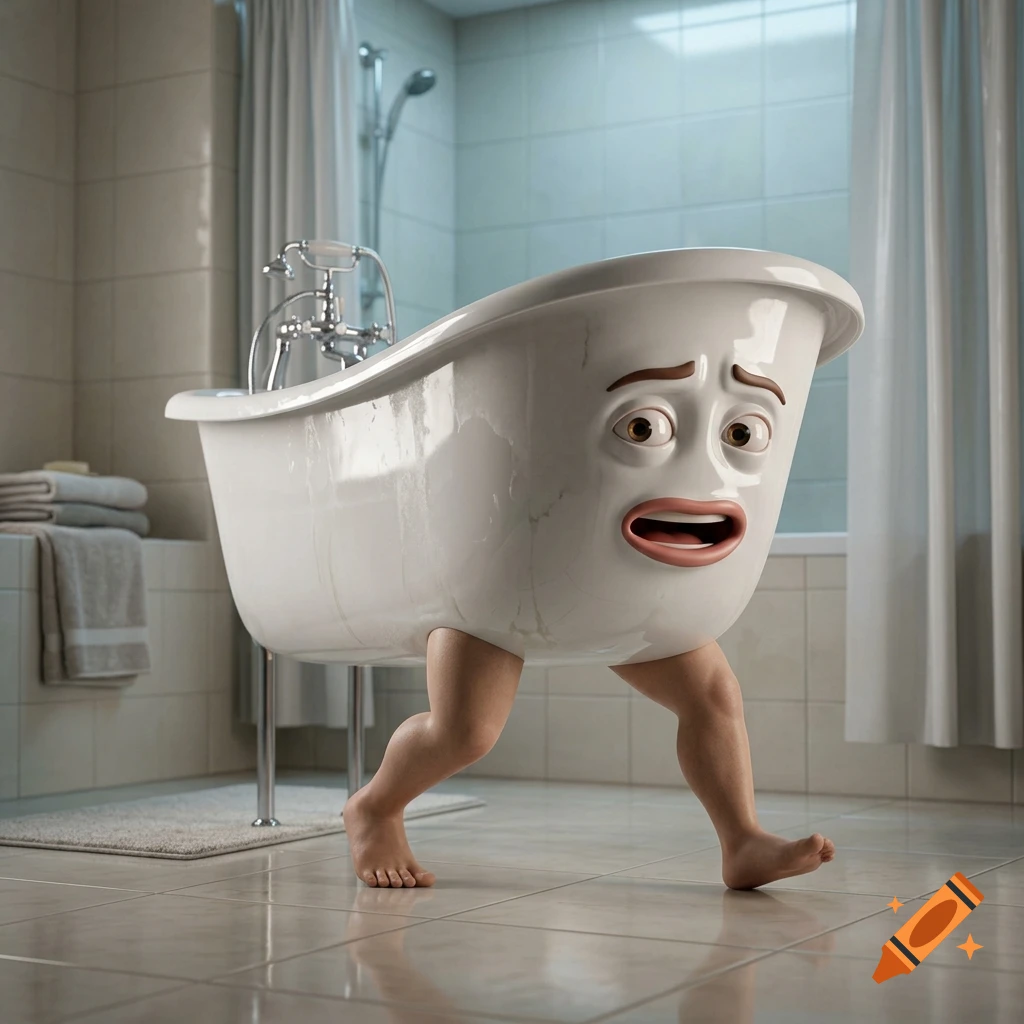 Photorealistic image of a white porcelain bathtub with human legs and a face standing in a bathroom.
