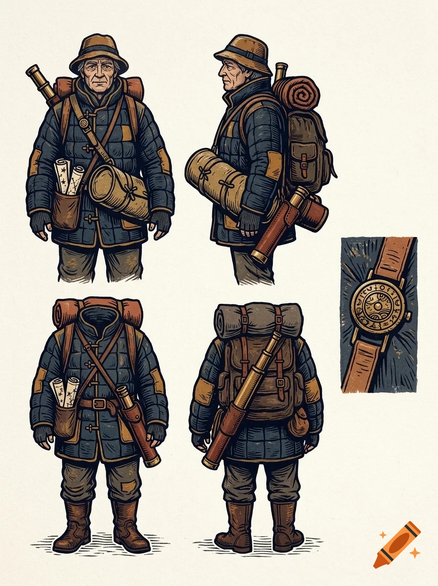 Character design sheet showing multiple views of an explorer with a backpack, telescope, and detailed watch.