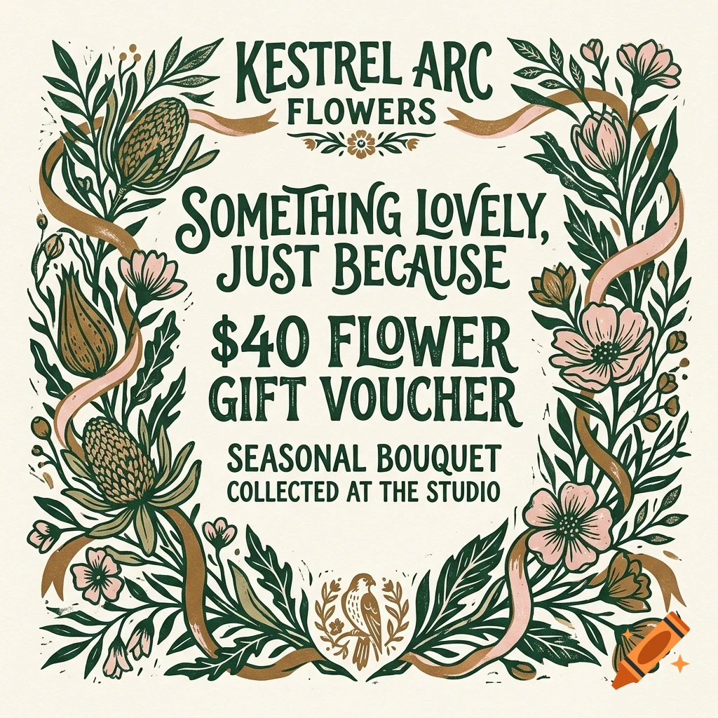 An illustrative floral border with a bird at the bottom, surrounding text reading Kestrel Arc Flowers, Something Lovely, Just Because, $40 Flower Gift Voucher.