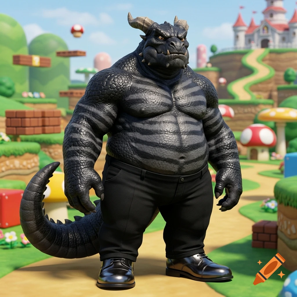 A 3D-rendered muscular black dragon wearing pants and shoes in a Mario-themed world with a castle in the background.