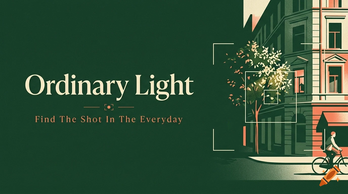 An illustrated street scene at dusk with a cyclist passing a building and a tree, overlaid with camera viewfinder crop marks and the text Ordinary Light Find The Shot In The Everyday.