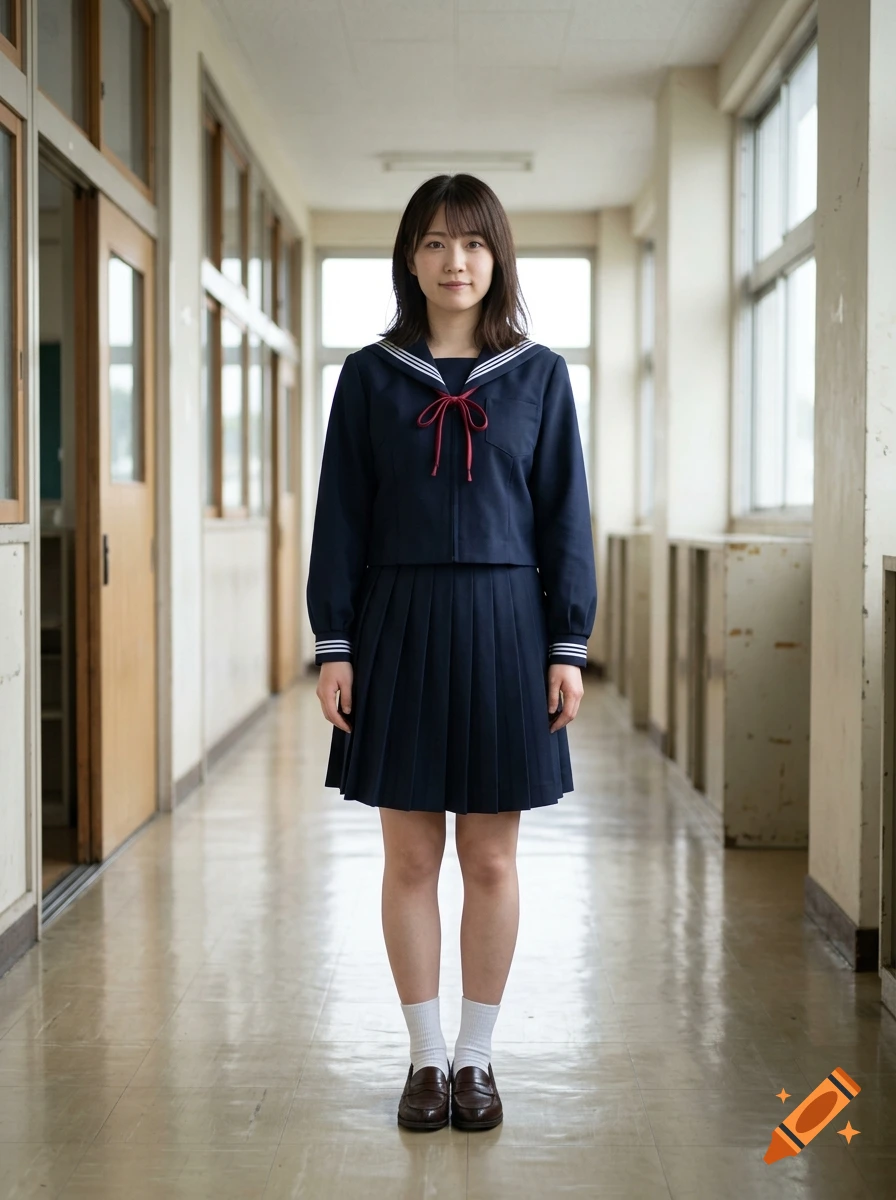Photorealistic full-body shot of a young Japanese woman standing in a school hallway wearing a traditional sailor-style school uniform.