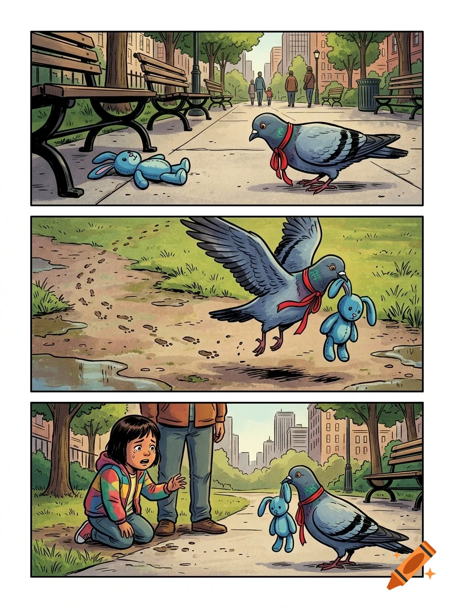 A three-panel comic illustration shows a pigeon with a red ribbon taking a dropped blue toy rabbit from a park path while a young girl cries.