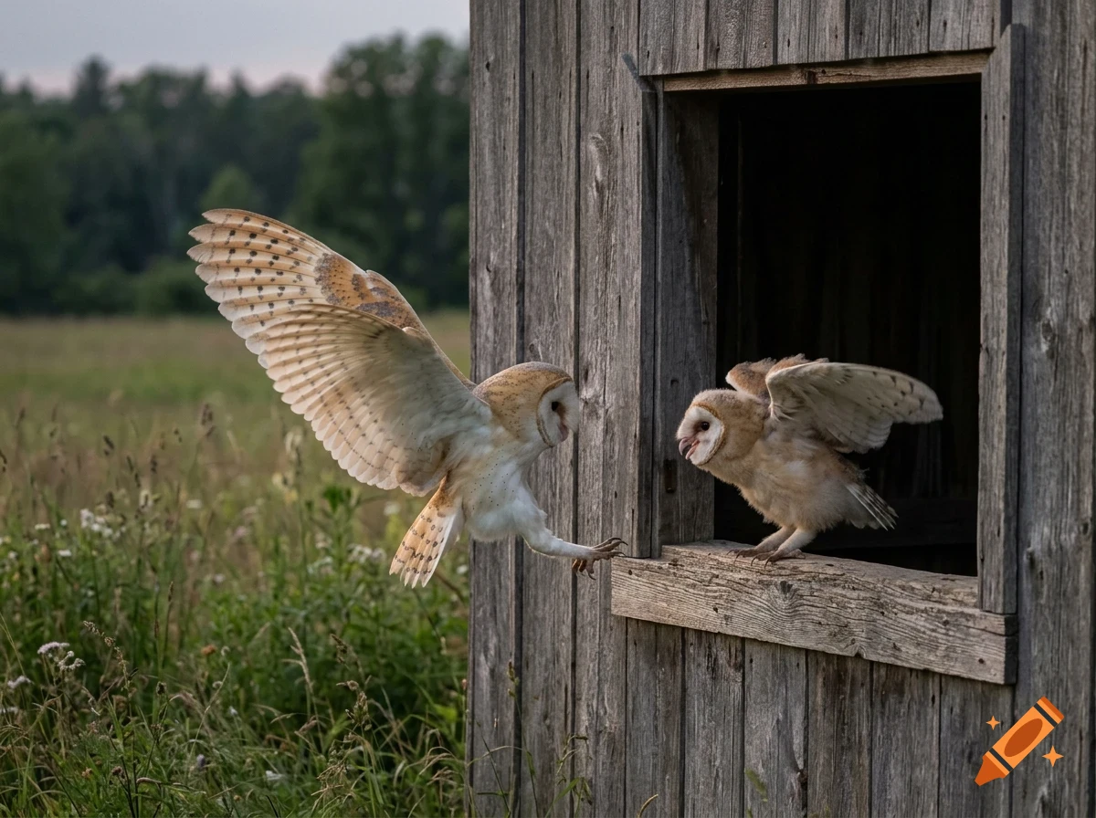 Two barn owls near a wooden barn, with one owl flying toward the opening where the other stands.