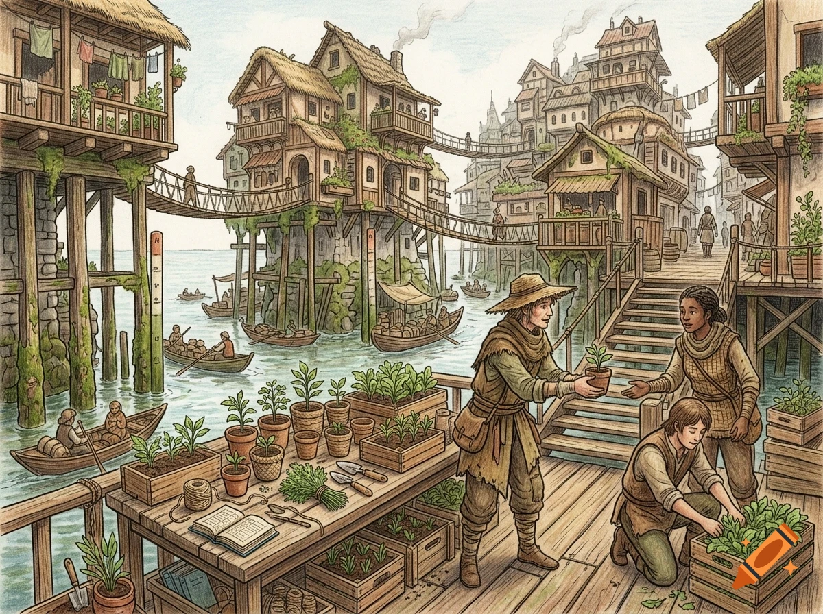 An illustrated coastal village built on stilts over water, featuring wooden houses connected by rope bridges, boats in the water, and people gardening on a wooden platform.