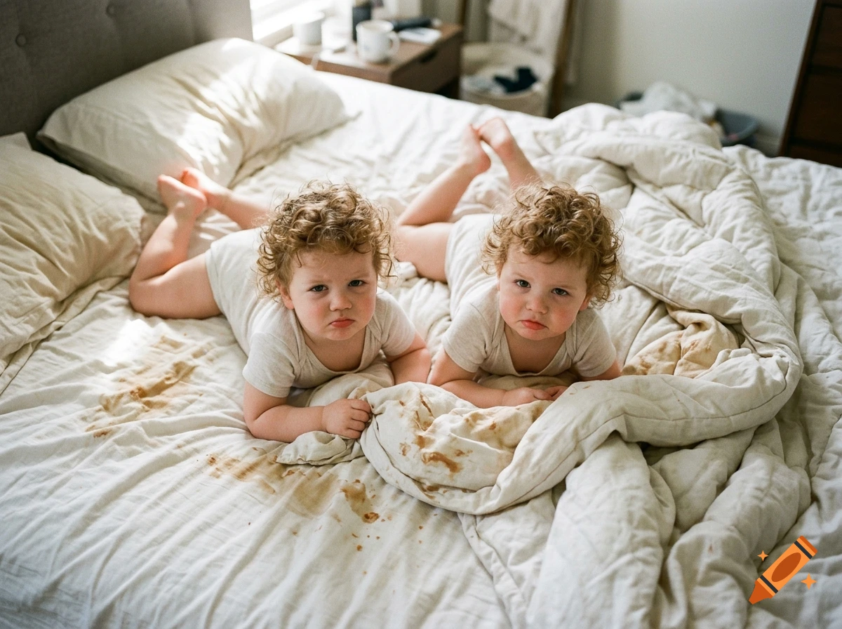Photorealistic photo of two curly-haired toddlers lying on a messy bed in morning light.