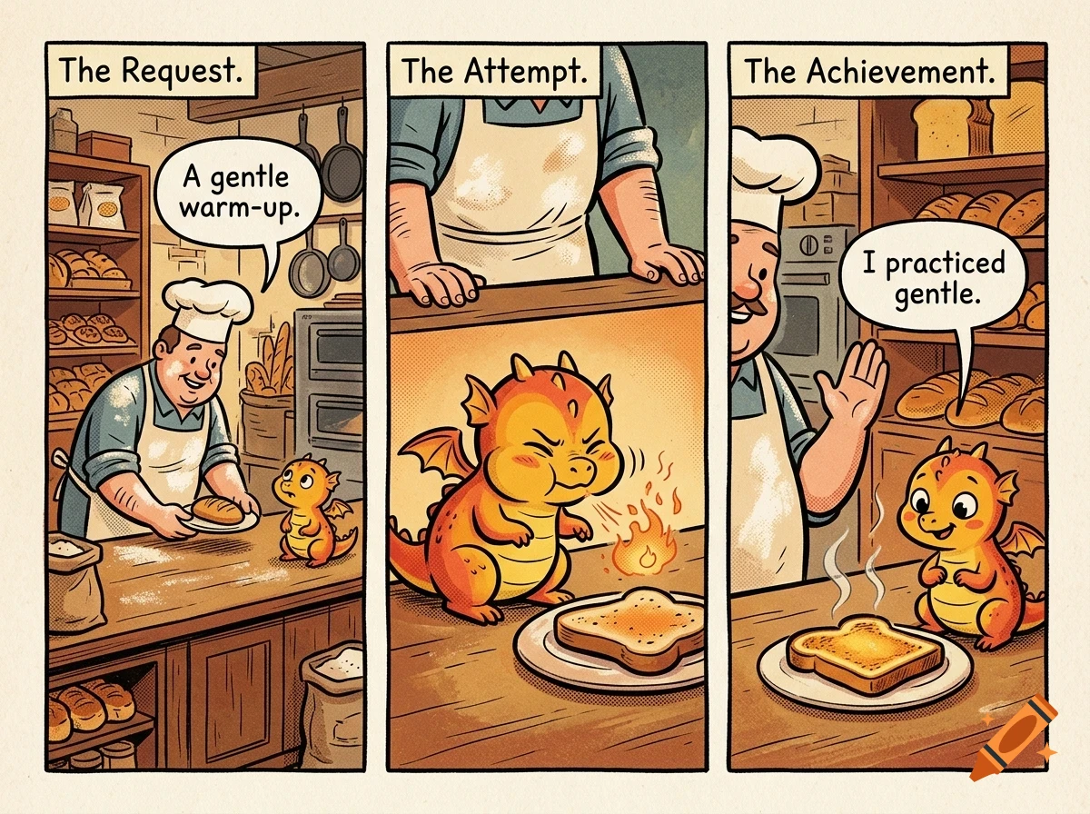A three-panel comic showing a baker in a kitchen with a small orange dragon attempting to toast bread with a tiny puff of fire.