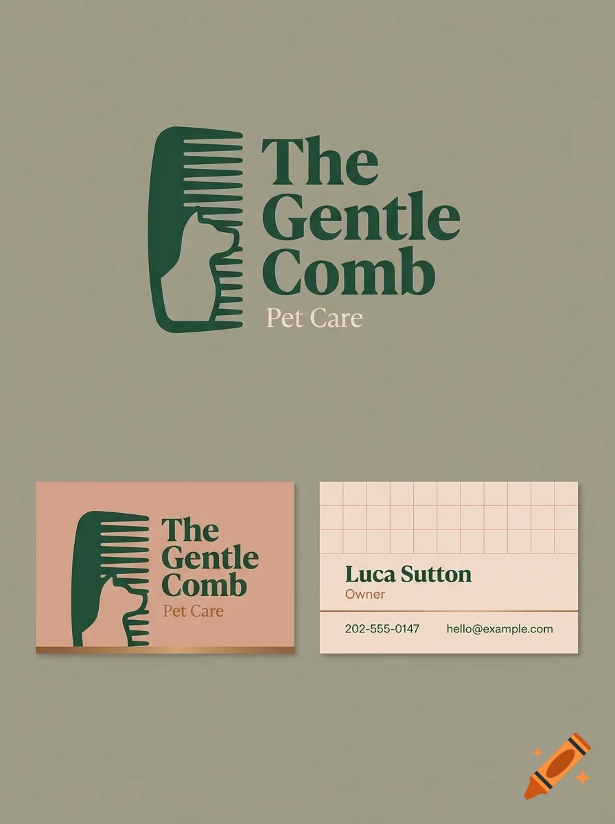 Branding mockup featuring a logo with a comb silhouette and pet profile, alongside business cards with the text The Gentle Comb Pet Care and Luca Sutton Owner.