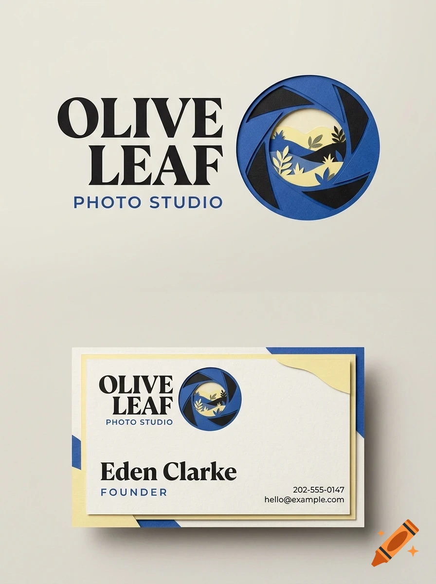 A business card and logo design for Olive Leaf Photo Studio featuring a camera aperture graphic with layered paper leaves.