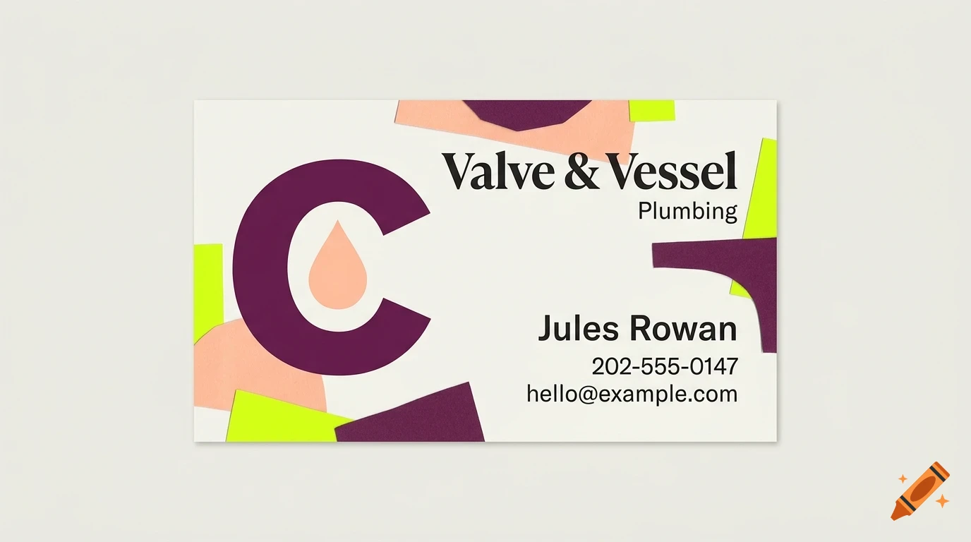 A business card for Valve & Vessel Plumbing with abstract colorful paper cutouts and text reading Jules Rowan.