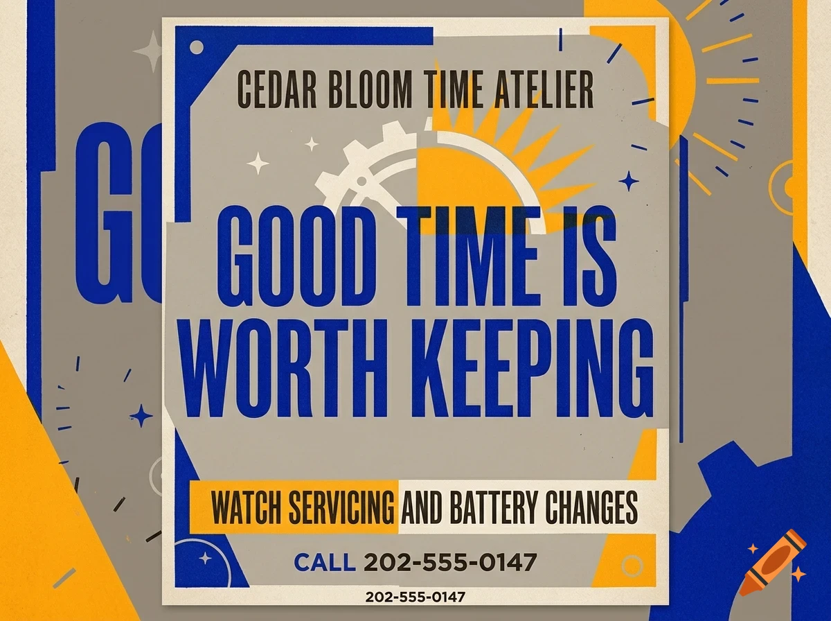A graphic design poster with blue and yellow elements featuring the text 'GOOD TIME IS WORTH KEEPING' and 'CEDAR BLOOM TIME ATELIER'.