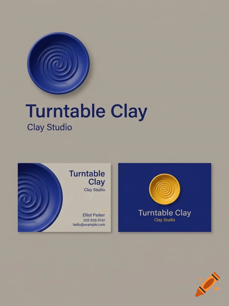 A brand identity mockup featuring a blue bowl with a spiral pattern, the text 'Turntable Clay', and two business cards with similar branding.