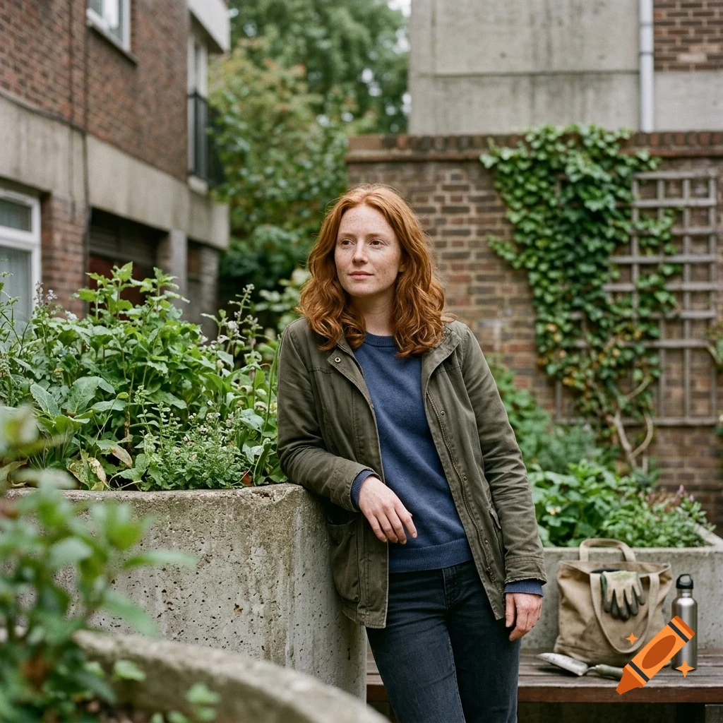 A woman with red hair leaning against a concrete planter box in an urban garden setting.