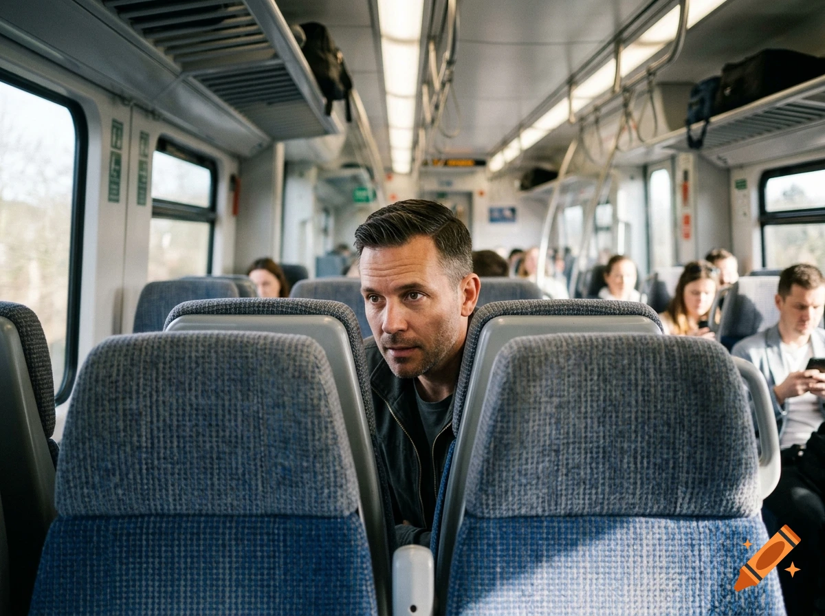Photorealistic interior of a train carriage with a man looking between seats at someone.