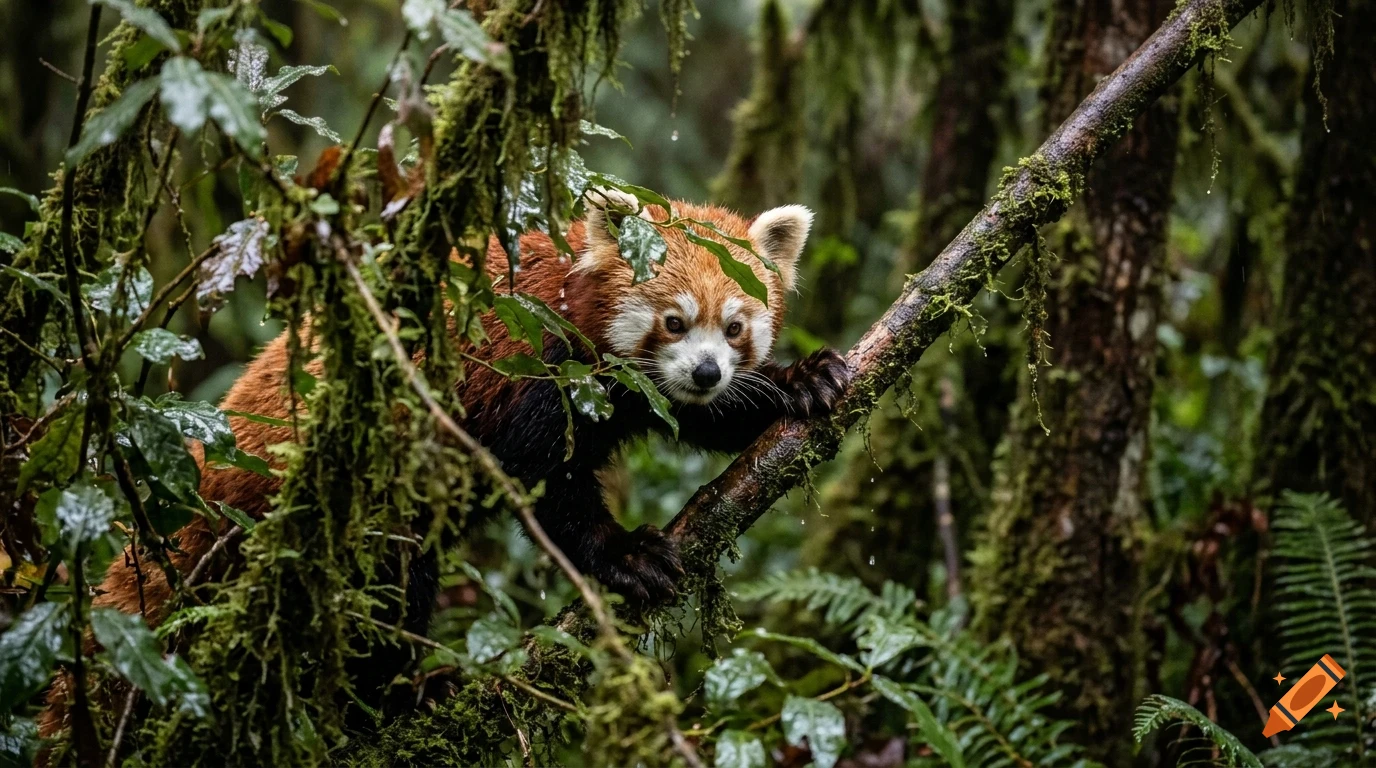 A red panda climbs a mossy branch in a lush green forest.