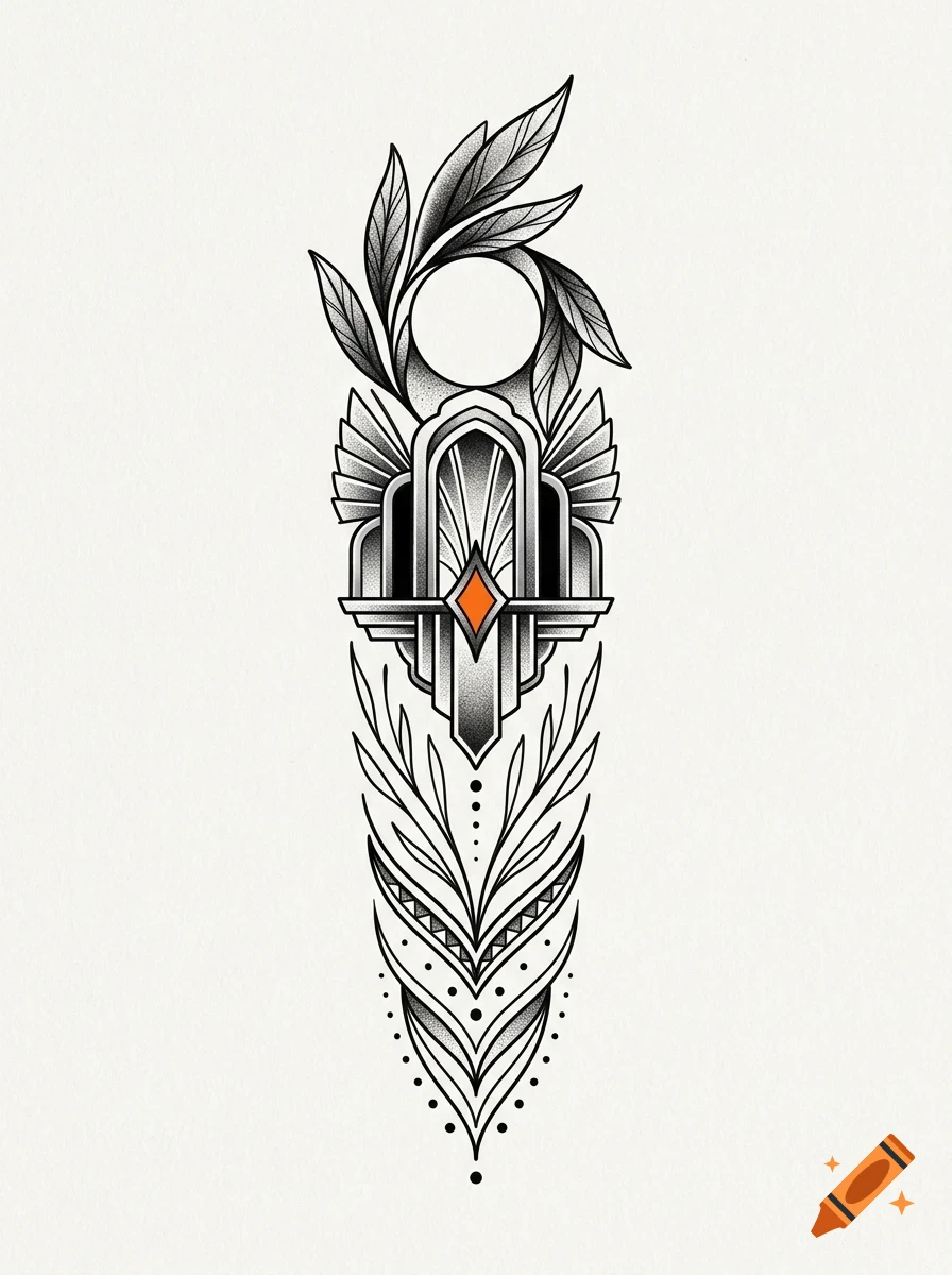 An art deco architectural design featuring a circular element, leaves, geometric arches, and an orange diamond accent in black ink dotwork style.