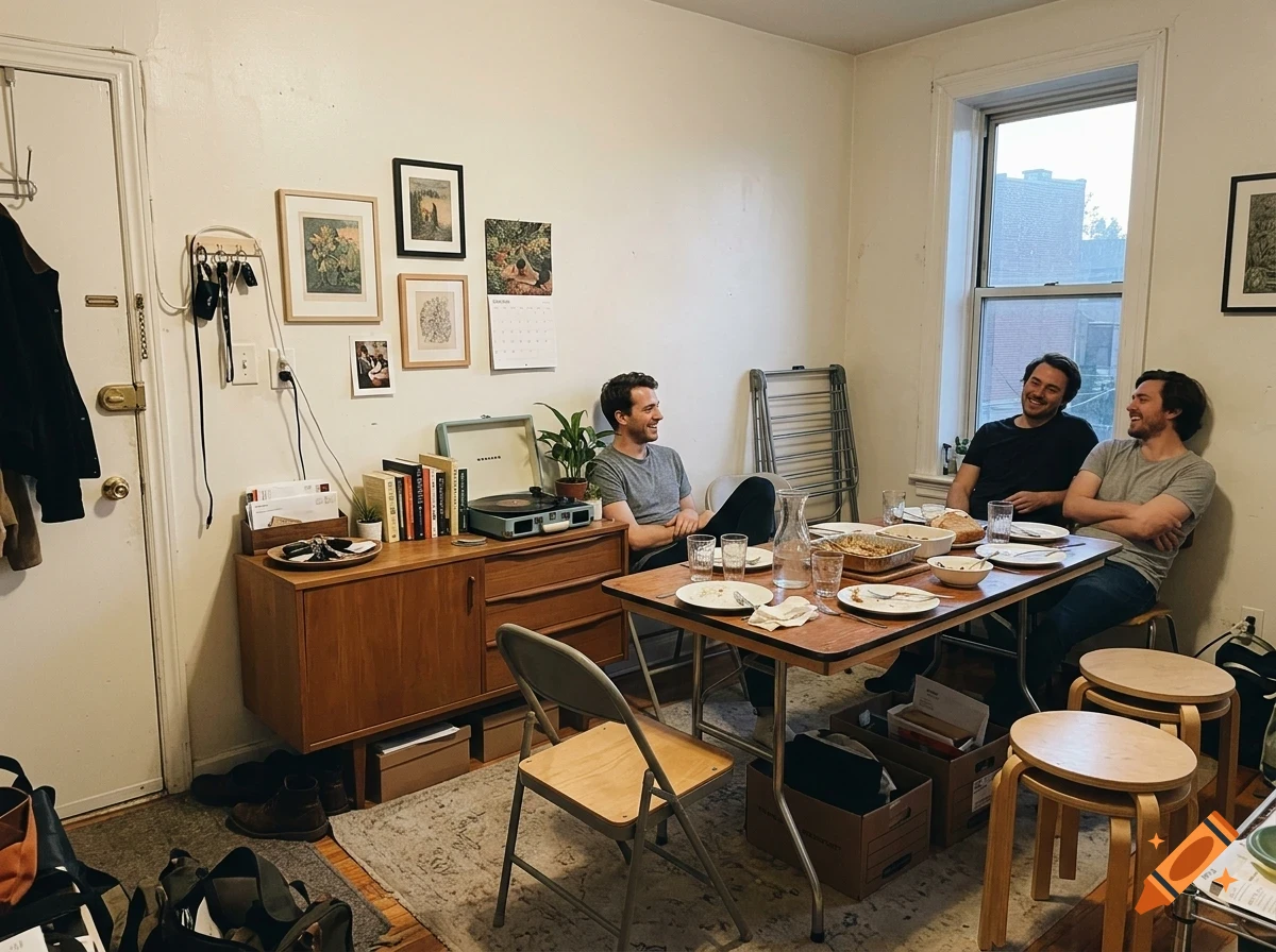 Three men sitting around a dining table in an apartment, talking and smiling.