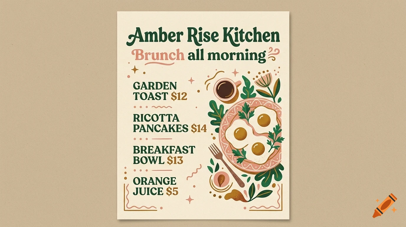 A restaurant menu for Amber Rise Kitchen featuring breakfast and brunch items with illustrated food, drinks, and decorative botanical motifs.