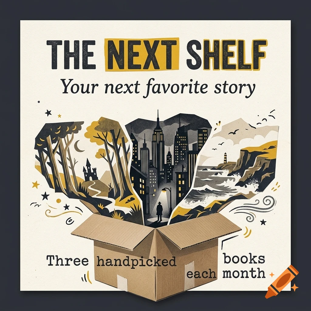 An open cardboard box overflowing with illustrated scenes including a forest, a city skyline, and a coastal landscape, with bold lettering reading THE NEXT SHELF.