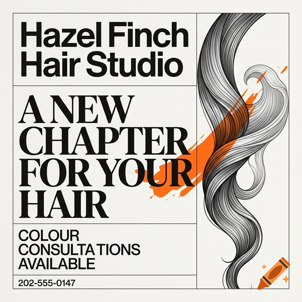 An advertisement for Hazel Finch Hair Studio featuring bold black text and an illustration of flowing hair with an orange paint stroke.