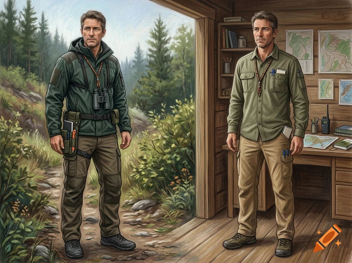 An illustrated split view showing a man in outdoor gear standing outside a cabin in a forest, and the same man inside the cabin standing by a desk.