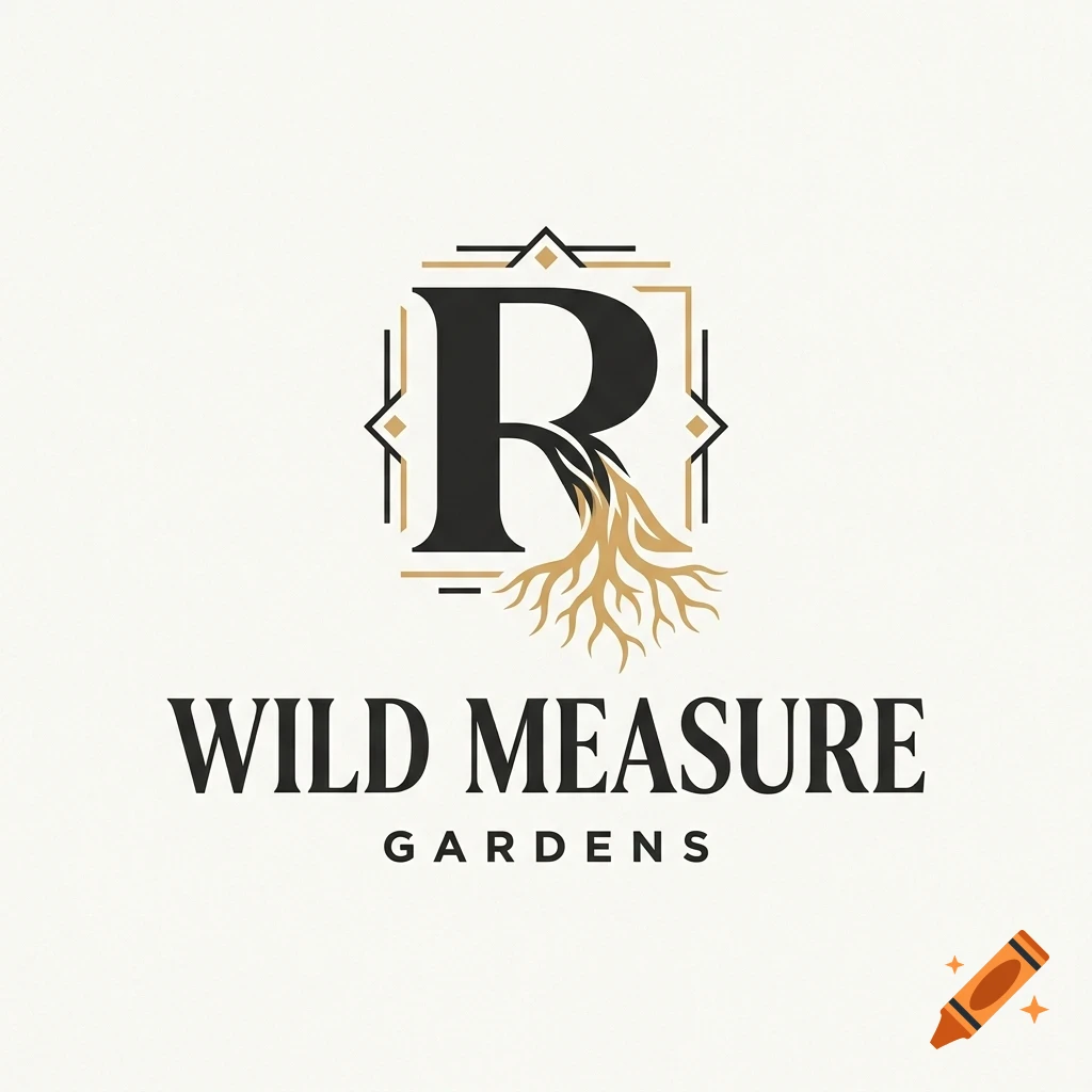 A logo featuring a large letter R with tree roots growing from the bottom, surrounded by a geometric frame, with the text WILD MEASURE GARDENS below.