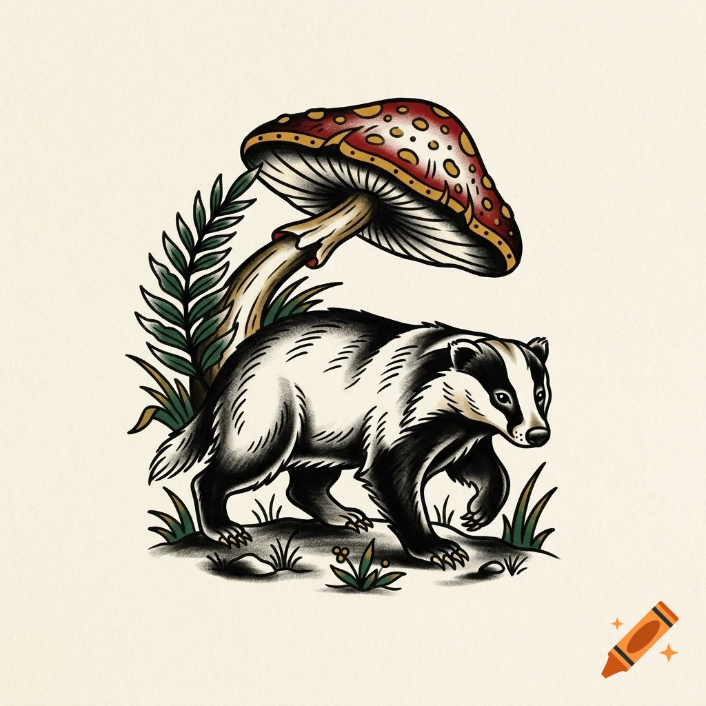 An illustrative style drawing of a badger walking beneath a large red and white mushroom and fern leaves.