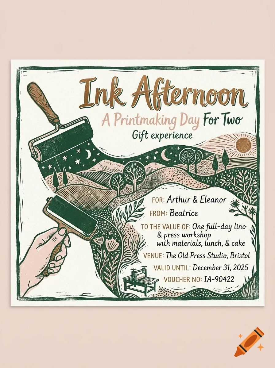 An illustration voucher featuring rollers spreading dark green and brown ink over a landscape with trees and stars, with the text Ink Afternoon.